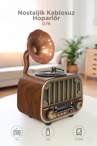 Bluetooh Hoparlör Nostaljik Radyo Aux Usb Tf Destekli Speaker D76 Ahşap