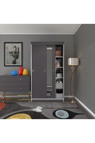 Kenzlife Gardırop Sürgülü Kapaklı Kapılı 100 Papatya Gri Aynalı Gardolap Dolap