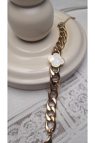 Uzel Çelik Gold Altın Renk Beyaz Sedef Yoncalı Kalın Halka Detaylı Çelik Bileklik Gold