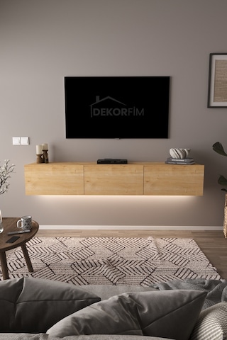 Df17103 Dolaplı Duvara Monte Tv Ünitesi 180 Cm Modern Askılı Dekoratif Stil Tv Sehpası Safir Meşe