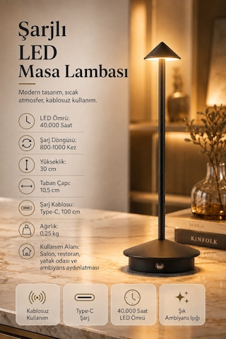 Şarjlı Usb'li Led'li Siyah Gece Lambası 3 Farklı Işık Modlu Dokunmatik Dimmerli Dekoratif Metal Masa Lambası