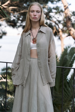 Calynn Sırt Dekolteli Çizgili Haki Keten Gömlek Haki