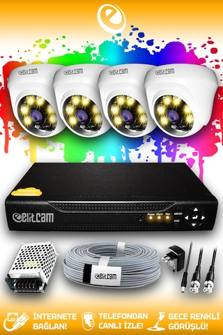 Elitcam 4 Kameralı Dome 4 İç Kamera Set HDD'siz Full HD Renkli Gece Görüşlü Güvenlik Kamerası Sistemi