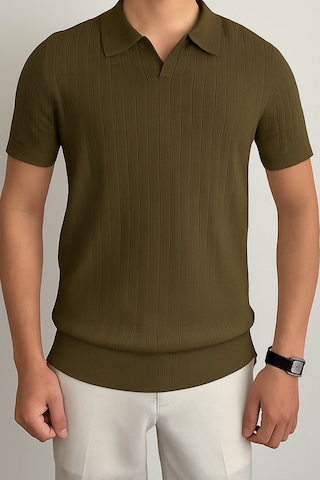 Tarz Cool Erkek Mat Haki Slim Fit Fitilli Polo Yaka Triko T-shirt Mat Haki