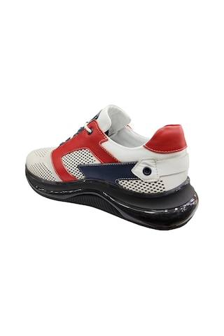 King Shoes Hakiki Deri Kalın Taban Erkek Sneaker Beyaz - Kırmızı