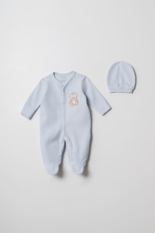 Hafy Baby Ayıcık Nakışlı, Patikli, Erkek Bebek Tulumu Ve Bere Seti Buz Mavisi