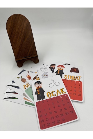 2025 Takvim - Hp Büyücüler Desenli Standlı Masaüstü Takvim- Ahşap Telefon Tutucu