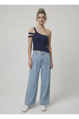 Neden Tekstil Asimetrik Tek Omuz Triko Crop Bluz - Lacivert