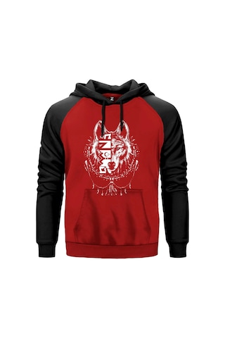Beyaz Eskiz Tarzı Kurt Başı Baskılı Gri Renk Reglan Kol Sweatshirt Kapşonlu