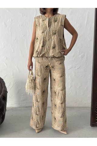 Verymoda Nakışlı Keten Pantolon F2008 Kahve