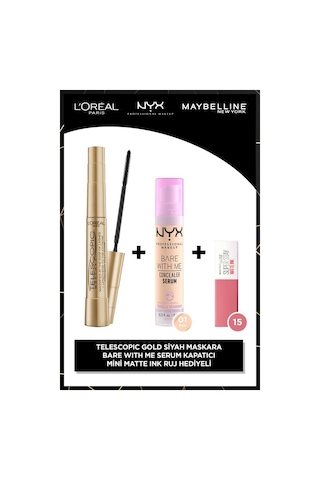 Telescopic Gold Maskara & Bare With Me 01 Kapatıcı Makyaj Seti & Matte Ink 15 Mini pktmaskkapatminiruj-10899 0