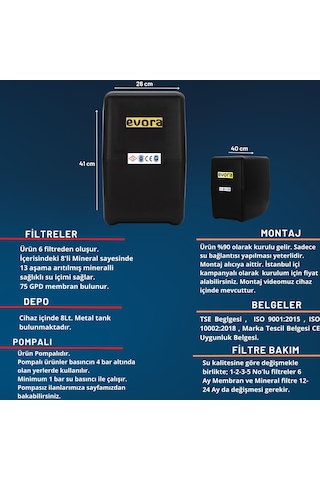 13 Aşamalı 8 L Çelik Tanklı Pompalı Multimineralli Su Arıtma Cihazı Premium Seri