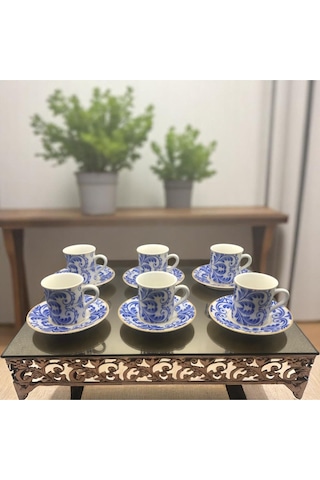 Modern Desenli 6'lı Kahve Fincan Takımı Mavi