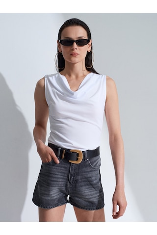 Dilvin 32878 Lyocell Karışımlı Degaje Yaka Top-beyaz