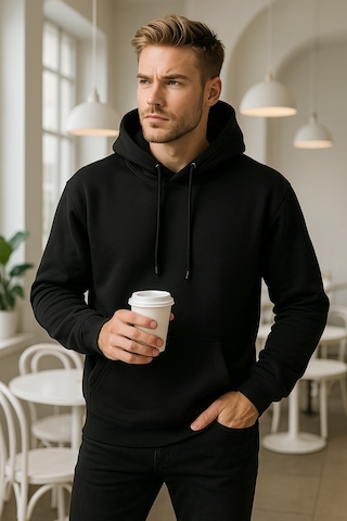 Rich Erkek Siyah Pamuklu Cep Detaylı Kapüşonlu Sweatshirt Siyah