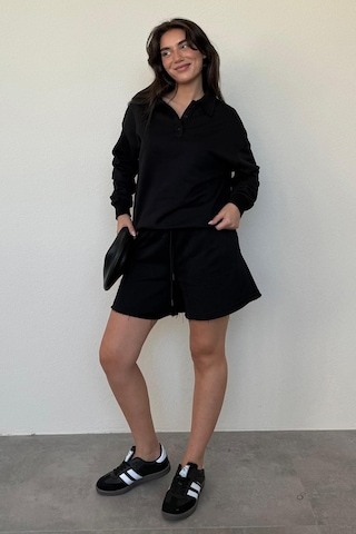 Madmext Siyah Polo Yaka Kadın Şort Sweatshirt Takım Mg2375