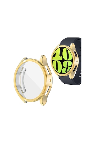 Samsung Galaxy Watch 7 44mm Uyumlu Kasa Ekran Koruyucu 360 Tam Koruma Kılıf Kapak Altın Dore
