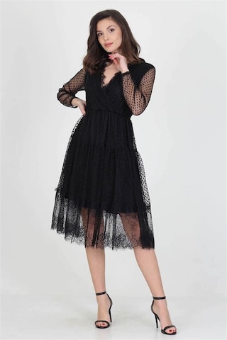 Neşeli Butik Neseli Butik Kruvaze Yaka Eteği Güpür Detaylı Yeni Sezon Elbise Nb0010 Siyah