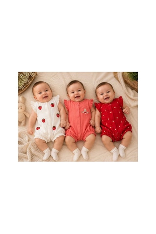Bambino Unez Kız Bebek 3'lü Müslin Tulum Seti Çilek Nakışlı Tavşan Nakışlı Puantiyeli Yazlık Çok Renkli Çok Renkli