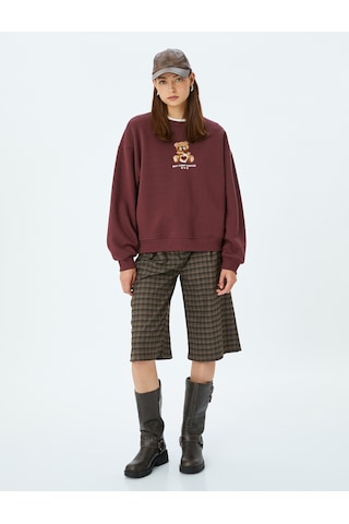 Koton Ayı İşlemeli Sloganlı Bisiklet Yaka Şardonlu Oversize Sweatshirt Bordo 5wal10817ık Bordo