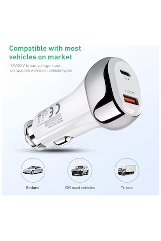 38 W Pd 20w Qc 3.0 18w Hızlı Araç Şarj Cihazı T-10 Beyaz