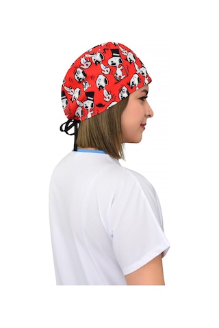 Unisex Snoopy Desenli Hastane Doktor Hemşire Cerrahi Bonesi Beyaz Beyaz