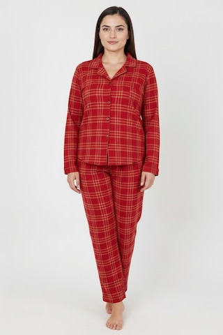 Bravie Luxury Soft Kırmızı Ekose Desenli Uzun Kollu Kadın Pijama Takımı Büyük Beden 3018 Kırmızı
