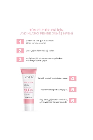 Sinoz Pink Touch Aydınlatıcı ve Ton Eşitleyici Pembe Yüz Güneş Kremi SPF50 50 ML