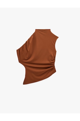 Koton Slim Fit Asimetrik Kesim Drapeli Dik Yaka Bluz Kahverengi 6sak70029ek Kahve