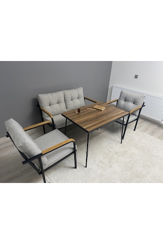 Modern Güneş Balkon, Bahçe, Cafe - Metal Kanepe Koltuk Takımı - 2+1+1 + Masa Açık Gri Modernsh28 Açık Gri