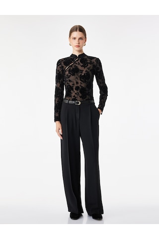 Koton Uzun Kollu Floral Dokulu Dik Qipao Yaka Tül Tişört Siyah Desenli 7wak10023uk