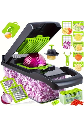 Techbloom 16 İn 1 Çok Amaçlı Sebze Doğrayıcı Grey 8 Bıçak Ve Saklama Kabı İle Profesyonel Mutfak Aleti 1 Parça