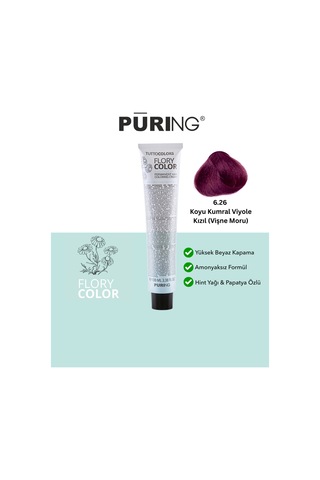 Puring Flory Color Papatya Özlü Amonyaksız Saç Boyası Vişne Moru 100 ML 6.26 Koyu Kumral Viyole Kızıl