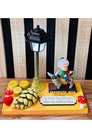 Dekoratif Nasreddin Hoca Biblosu Işıklı Ahşap Standlı El Yapımı Nostaljik Hediye