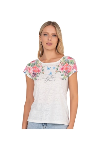 Kadın Floral Desenli Yazı Detaylı Bluz Ekru 25792 Ekru