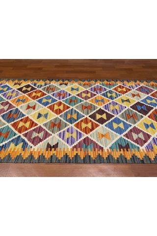 El Dokuma Afgan Kilim 100% Yün Harıka Desenlı Yolluk Çok Renkli