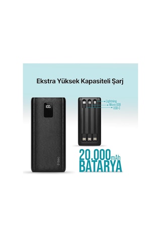Ttec Powerslim Trio LCD 20.000 MAh PD 22.5 W Dahili Kablolu Taşınabilir Powerbank
