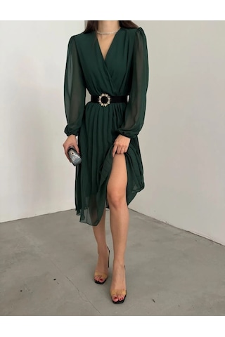 Tua Moda Kadın Şifon Kumaş Astalı Kloş Kesim Kruvaze Yaka Midi Boy Elbise Zümrüt Yeşili