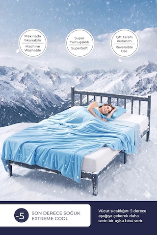 Soğutmalı Yatak Örtüsü Seti Tek Kişilik Soğuk Icecool 2 Parça Çift Taraflı Mavi Turkuaz
