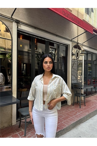 WeShaya Mavi Çizgili Cepli Düğmeli Gömlek Mavi