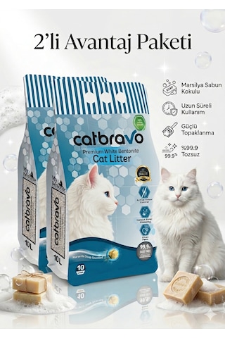 Catbravo Doğal Bentonite- Süper Topaklanan Marsilya Sabun Kokulu Kedi Kumu 10 Lt X 2 Adet Catbravo Doğal Bentonite- Süper Topaklanan Marsilya Sabun Kokulu Kedi Kumu 10 Lt X 2 Adet
