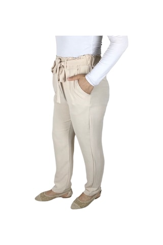 Kadın Beli Lastikli Kuşaklı Cepli Dar Paça Ayrobin Pantolon Krem