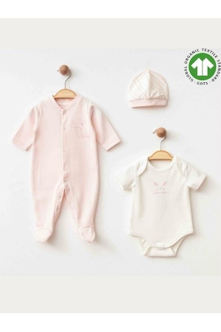 Zekids Kız Bebek Tulum Body Şapka Organik 3 Lü Set-15473 Pembe