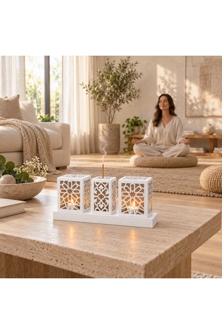 Lazer Kesim Metal Tealight Mumluk Ve Tütsülük Seti Geometrik Selçuklu Yıldızı Motifli Modern Ev Dekoru Benzersiz Masa Süsü Ve Hediye Beyaz