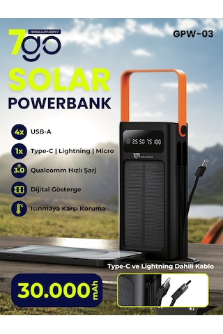 7go Gpw-03 30.000mah Solar Powerbank 4xusb-a, Qualcomm 3.0 Hızlı Şarj, Dahili Lightning & Usb-c Ka Siyah