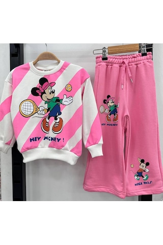 LolliboomkidsYeni Sezon Kız Çocuk Tenisçi Mickey Temalı 3 İplik Sweaat Bol Paça Eşofman Takımı Pembe