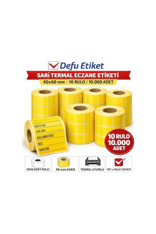 Defu Etiket Sarı Termal Eczane Etiketi, 40x60 Mm, 10 Rulo, 10.000 Adet, 40 Mm Kuka 1