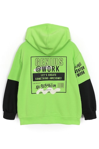Ön Ve Arkası Baskılı Cepli Erkek Çocuk Kapüşonlu Hırka Yeşil 1989 Yeşil