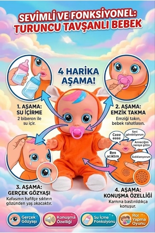 TıfılToys Turuncu Kostümlü Ağlayan Ve Konuşan Et Bebek Emzikli Ve Biberonlu İnteraktif Oyuncak Bebek