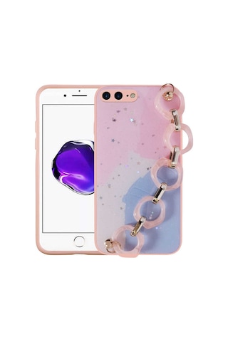 Zore Apple Uyumlu iPhone 7 Plus Kılıf Simli Desenli El Askılı Tutacaklı Elsa Silikon Kapak - P Pembe